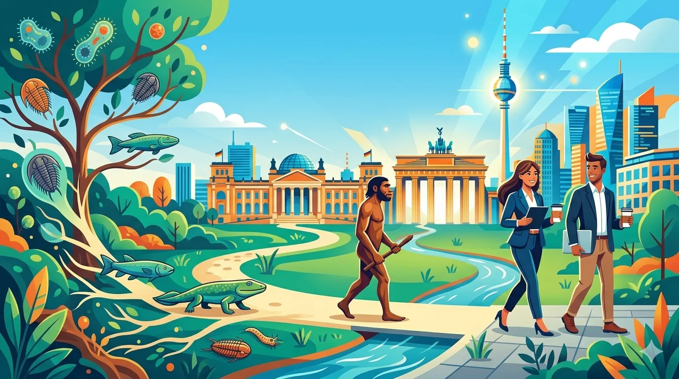 Illustration der Evolution – vom Einzeller über den Urmenschen bis zu modernen CRM-Profis vor der Berliner Skyline, als Sinnbild für das CRM-Evolutionsmodell